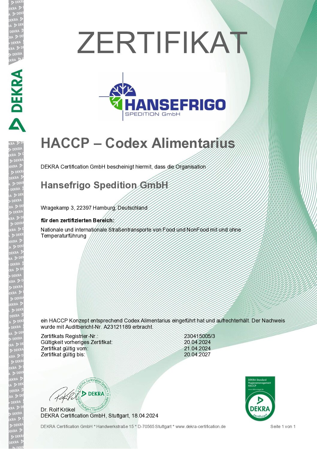 Hansefrigo - HACCP Zertifikat 21.04.2024 - 20.04.2027 -deutsch