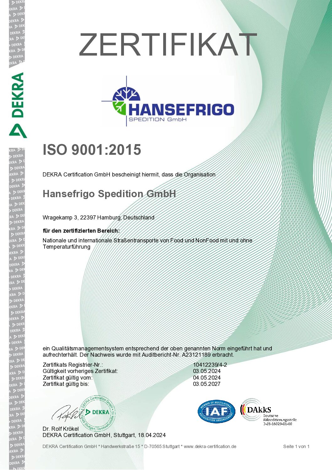 Hansefrigo - ISO 9001-2015 Zertifikat 04.05.2024 - 03.05.2027 - deutsch