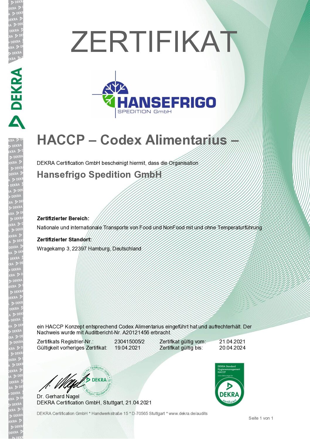 Hansefrigo - HACCP Zertifikat deutsch 2021 - 2024