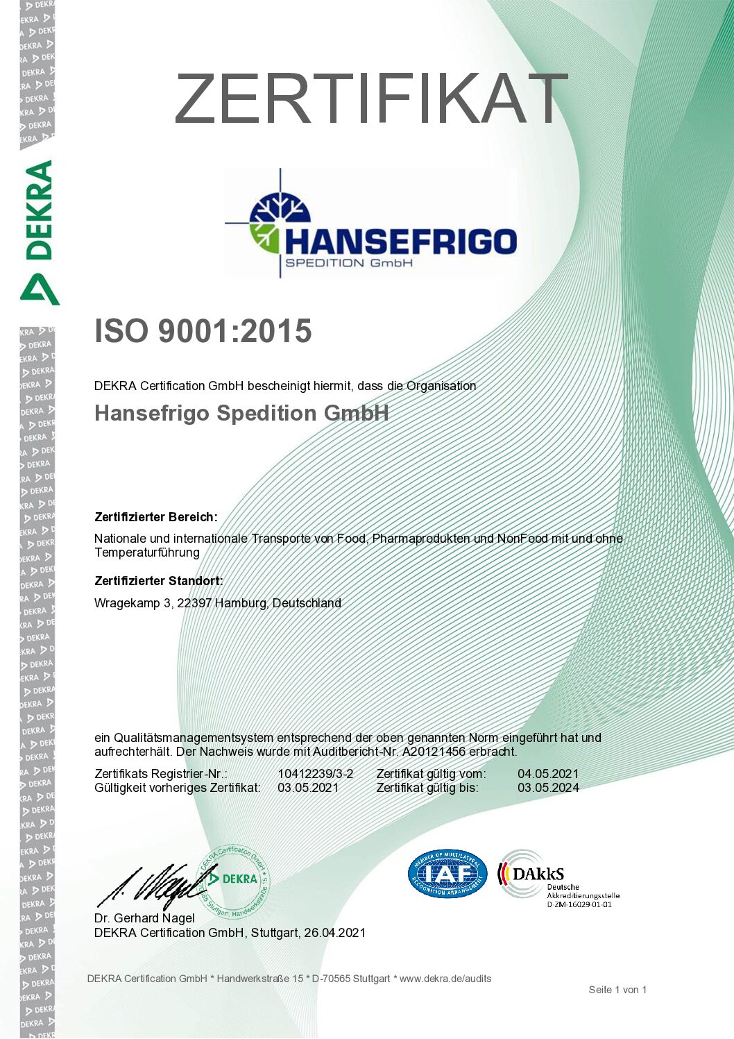 Hansefrigo - ISO 9001-2015 Zertifikat 2021-2024 deutsch